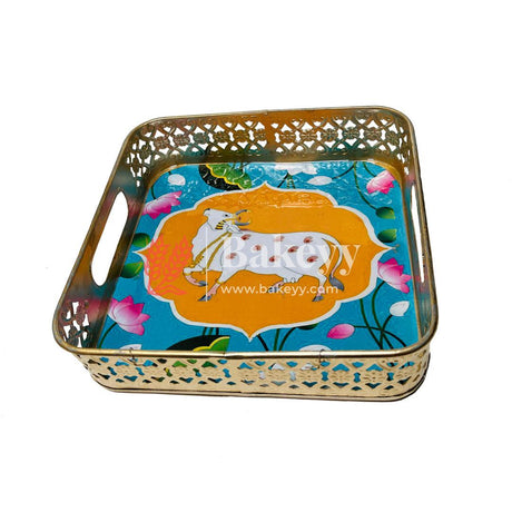 Pichwai Tray for Return Gifts |Square Metal Tray Home Decor Items | Decorative Tray for Diwali | (Multicolour) - Bakeyy.com - India - Pichwai Tray for Return Gifts |Square Metal Tray Home Decor Items | Decorative Tray for Diwali | (Multicolour) - Pack Of 1