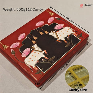 A red rectangular bakery box with decorative illustrations of white cows, pink lotus flowers, and a black central panel, shown with dimension arrows and text indicating 16 cm by 20.5 cm by 4 cm cavity size.