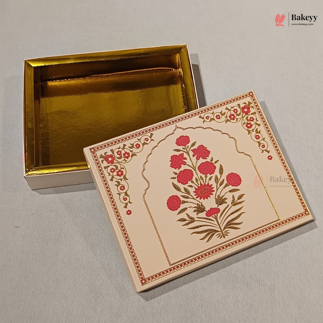 A decorative rectangular gift box with a gold interior and a cream-colored exterior lid featuring a red floral arch design, shown on a light gray background.