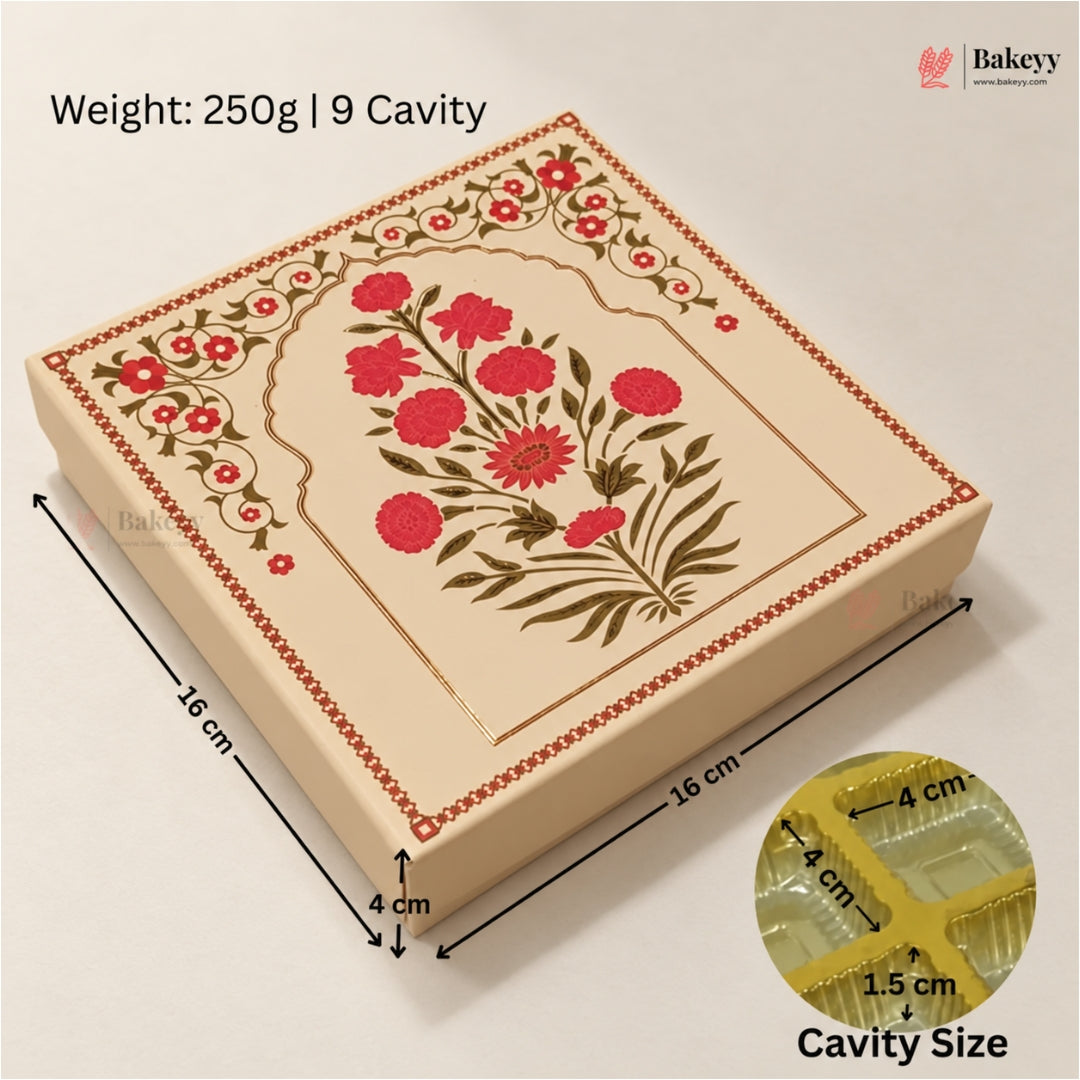 A rectangular beige bakery box with a floral arch design in red and green, shown with dimension lines indicating 16 cm by 16 cm by 4 cm. Text on the image states weight 250g | 9 cavity, and a small inset shows the cavity size details.