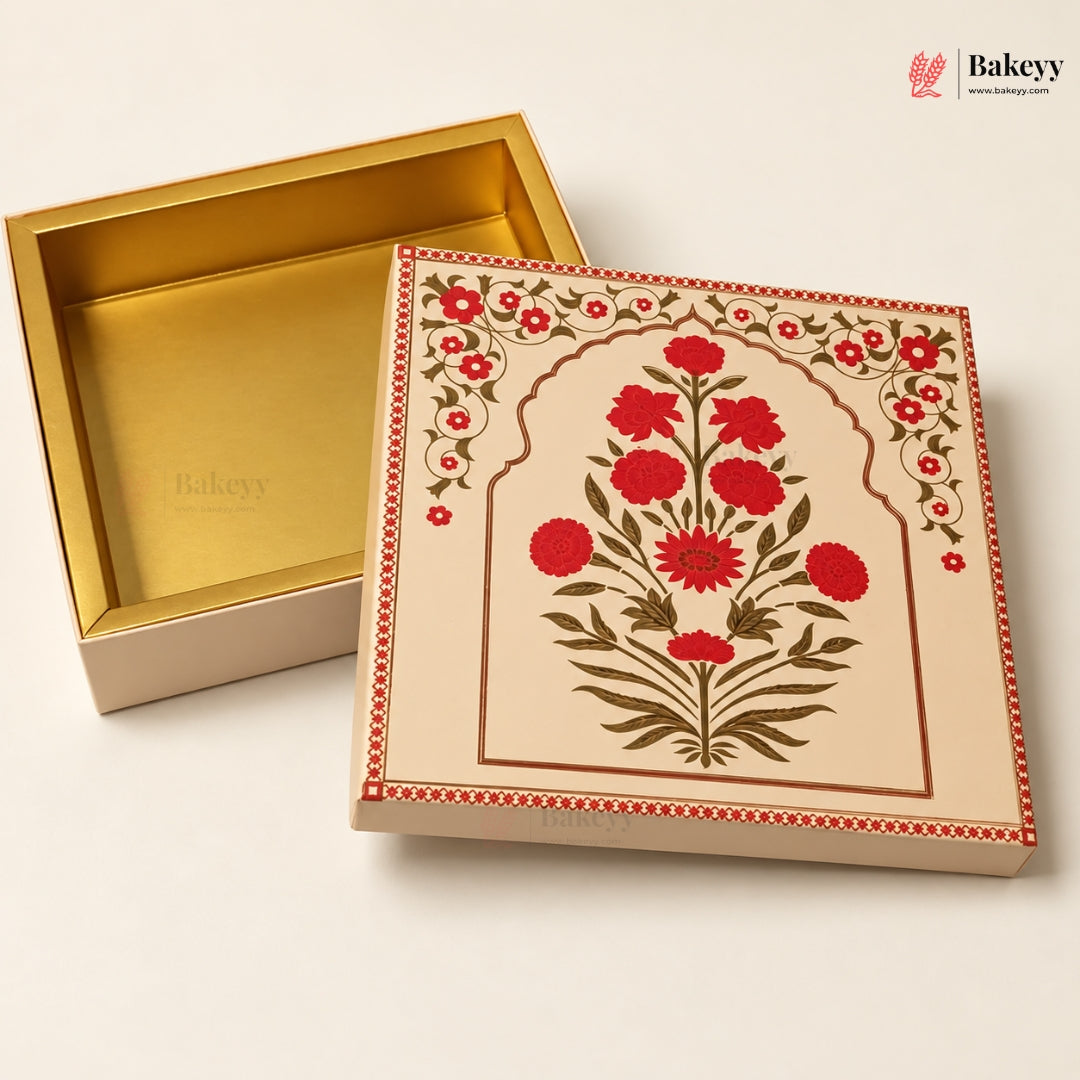 A decorative square bakery box with a gold interior and a cream-colored exterior featuring a red and green floral arch design, shown open on a light beige background. The Bakeey brand logo is visible in the top right corner.