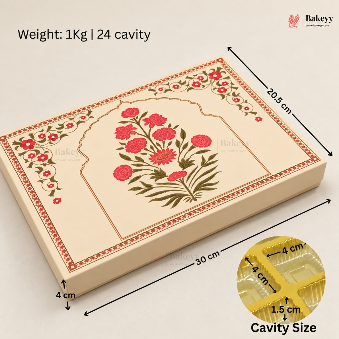 A rectangular beige bakery box with a floral arch design in red and green, shown with dimension arrows and text indicating 30 cm length, 20.5 cm width, 4 cm height, and cavity size details.