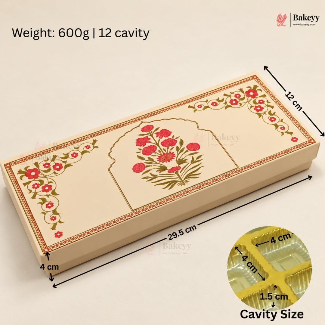 A rectangular beige bakery box with floral and geometric printed designs, shown with dimension arrows and text indicating 12 cavity size, 29.5 cm length, 12 cm width, and 4 cm height.