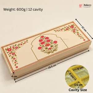 A rectangular beige bakery box with floral and geometric printed designs, shown with dimension arrows and text indicating 12 cavity size, 29.5 cm length, 12 cm width, and 4 cm height.