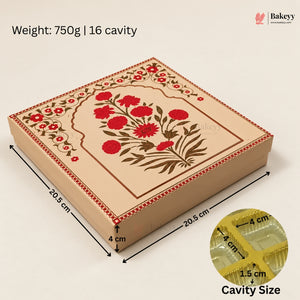 A decorative rectangular bakery box shown at an angle on a light beige background, with printed floral artwork in red and brown on a cream base. Black dimension arrows and text indicate measurements: 20.