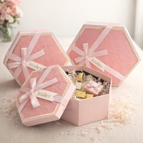 Pink Hexagon Gift Box with Ribbon | Luxury Rigid Hamper & Chocolate Packaging Box | Available in 3 Sizes | Pack of 1