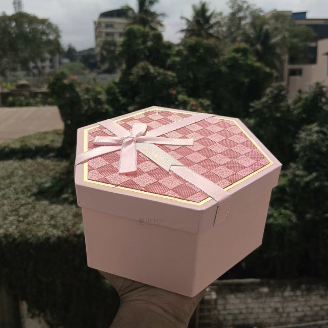Pink Hexagon Gift Box with Ribbon | Luxury Rigid Hamper & Chocolate Packaging Box | Available in 3 Sizes | Pack of 1