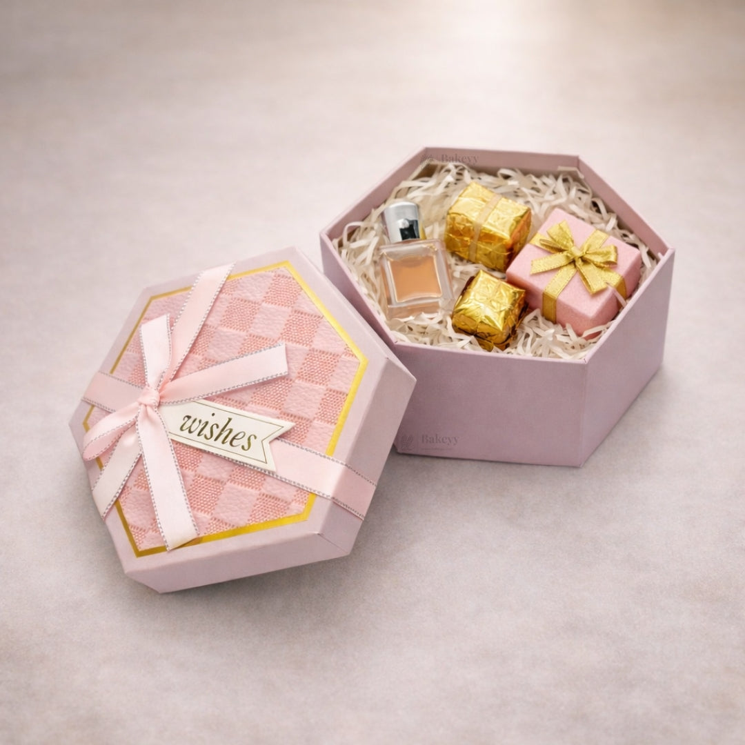 Pink Hexagon Gift Box with Ribbon | Luxury Rigid Hamper & Chocolate Packaging Box | Available in 3 Sizes | Pack of 1