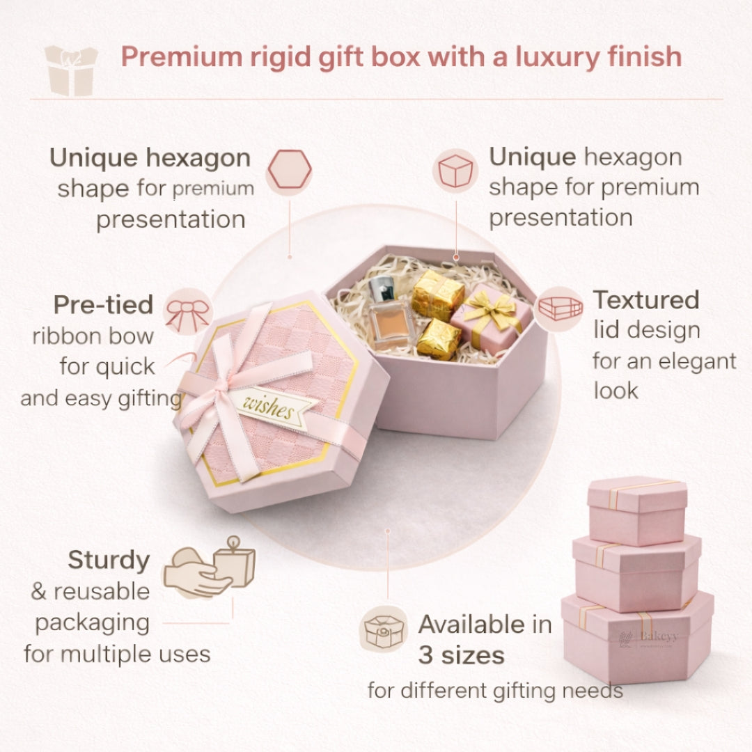 Pink Hexagon Gift Box with Ribbon | Luxury Rigid Hamper & Chocolate Packaging Box | Available in 3 Sizes | Pack of 1