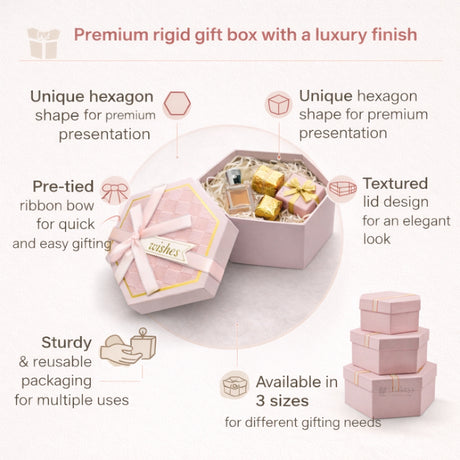 Pink Hexagon Gift Box with Ribbon | Luxury Rigid Hamper & Chocolate Packaging Box | Available in 3 Sizes | Pack of 1