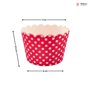 Red polka dot cupcake liner with measurements on a white background