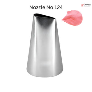 Metallic cake decorating nozzle with pink frosting sample on a white background