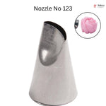 Metallic rose-shaped icing nozzle with a close-up inset of a pink rose on a white background.