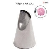 Metallic rose-shaped icing nozzle with a close-up inset of a pink rose on a white background.