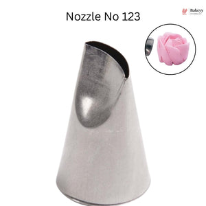 Metallic rose-shaped icing nozzle with a close-up inset of a pink rose on a white background.