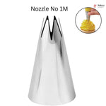 Metal pastry tip with 'Nozzle No 1M' text and a small inset showing its use on a cupcake.