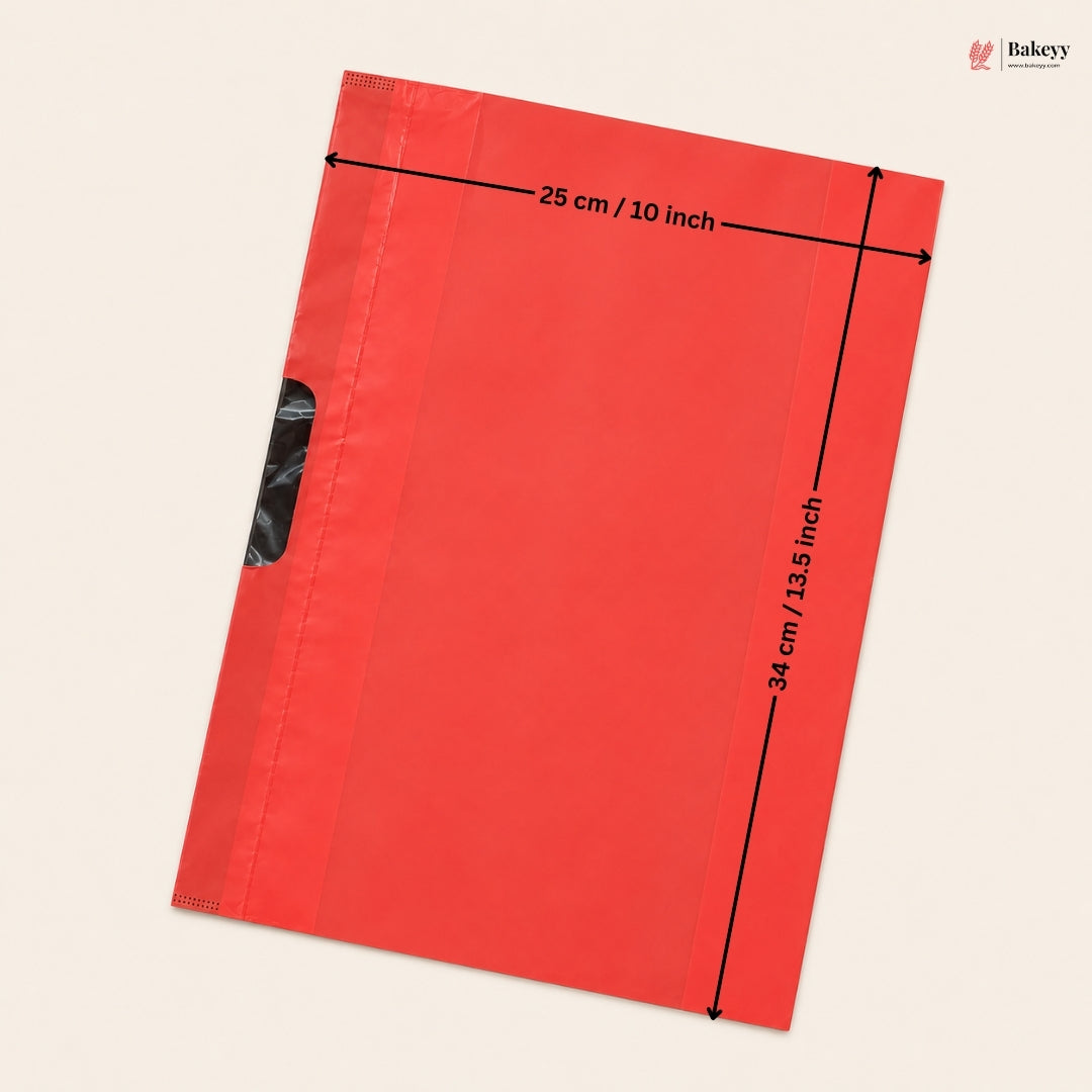 Red fabric sample with measurements on a beige background