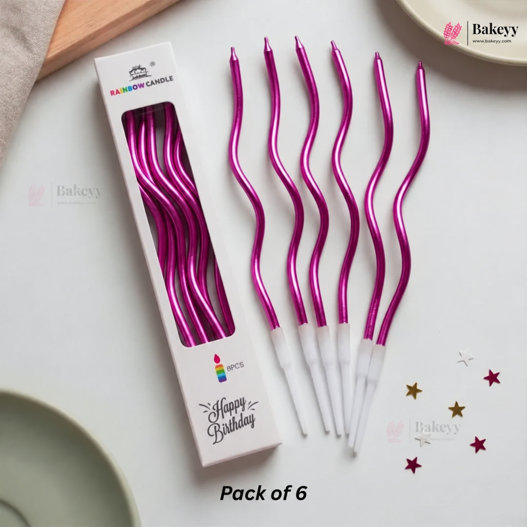 Metallic Wavy Spiral Birthday Cake Candles with Holders | Celebration Candles | Pack of 6