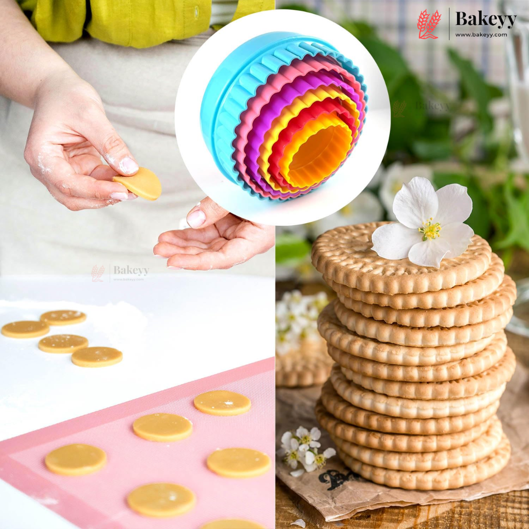 A collage showing a set of colorful round cookie cutters in a white plate, hands shaping round cookies, flat round cookies on a pink mat, and a tall stack of baked cookies topped with a white flower.