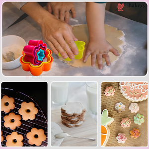A collage of baking scenes featuring colorful flower-shaped cookie cutters in pink, orange, and yellow. The top panel shows hands cutting dough on a floured surface, with the cutters in the foreground.