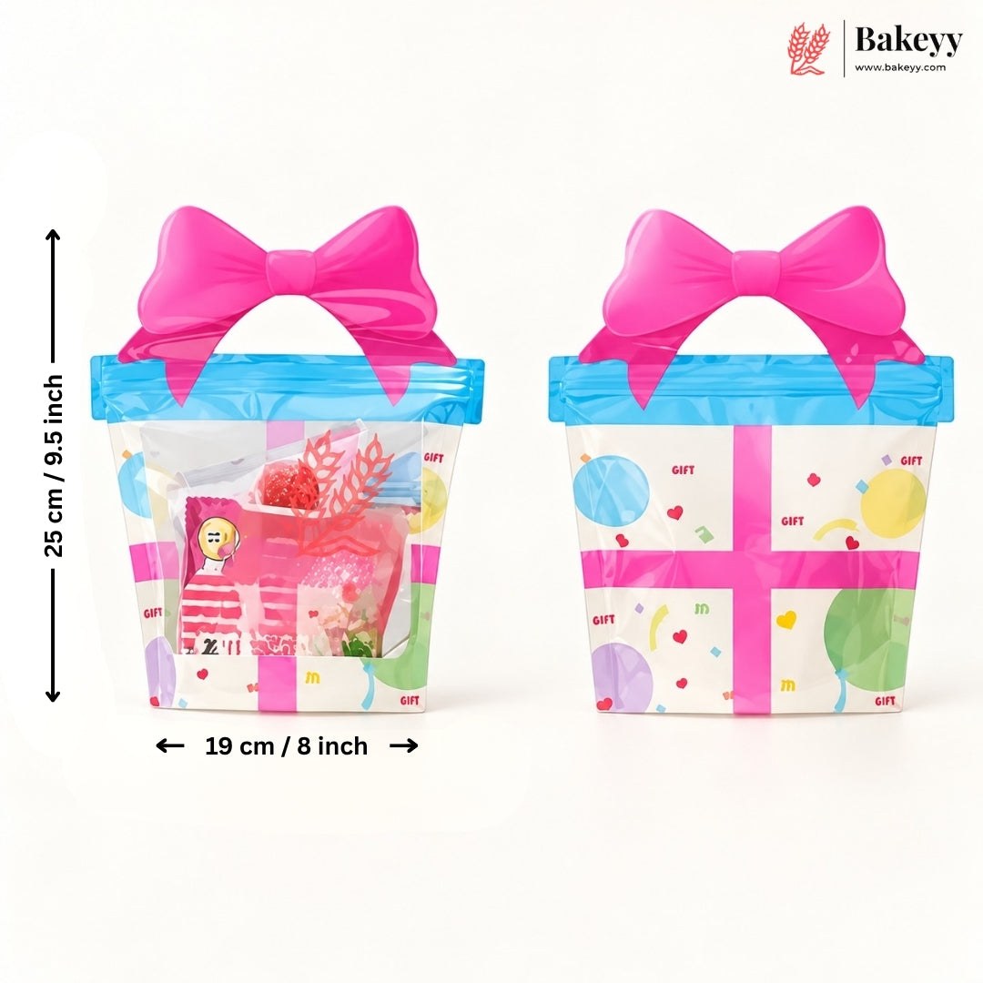Gift Box Shape Treat Storage Bags with Bow | Fancy Zip Lock Pouches | Pack of 50