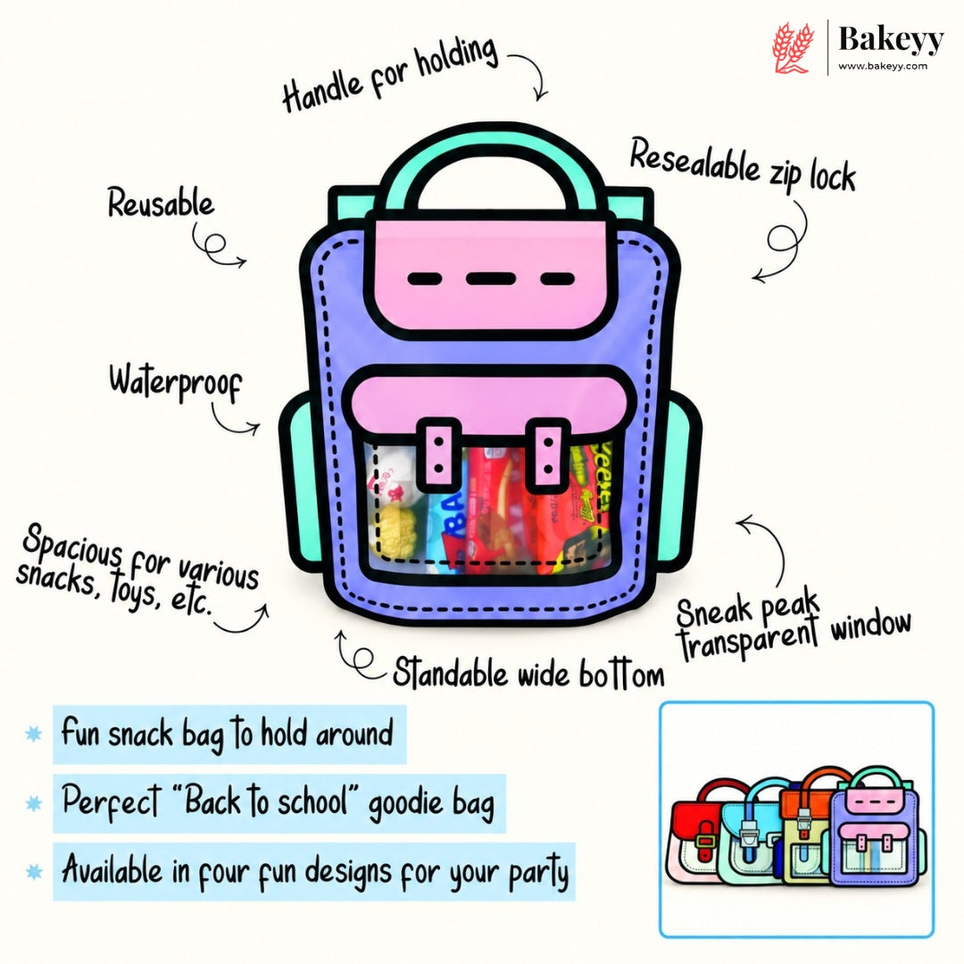 Cartoon Backpack Zip Lock Pouch | Blue | Treat Storage Bag for Birthday | Fancy Zip lock pouches | Pack of 50