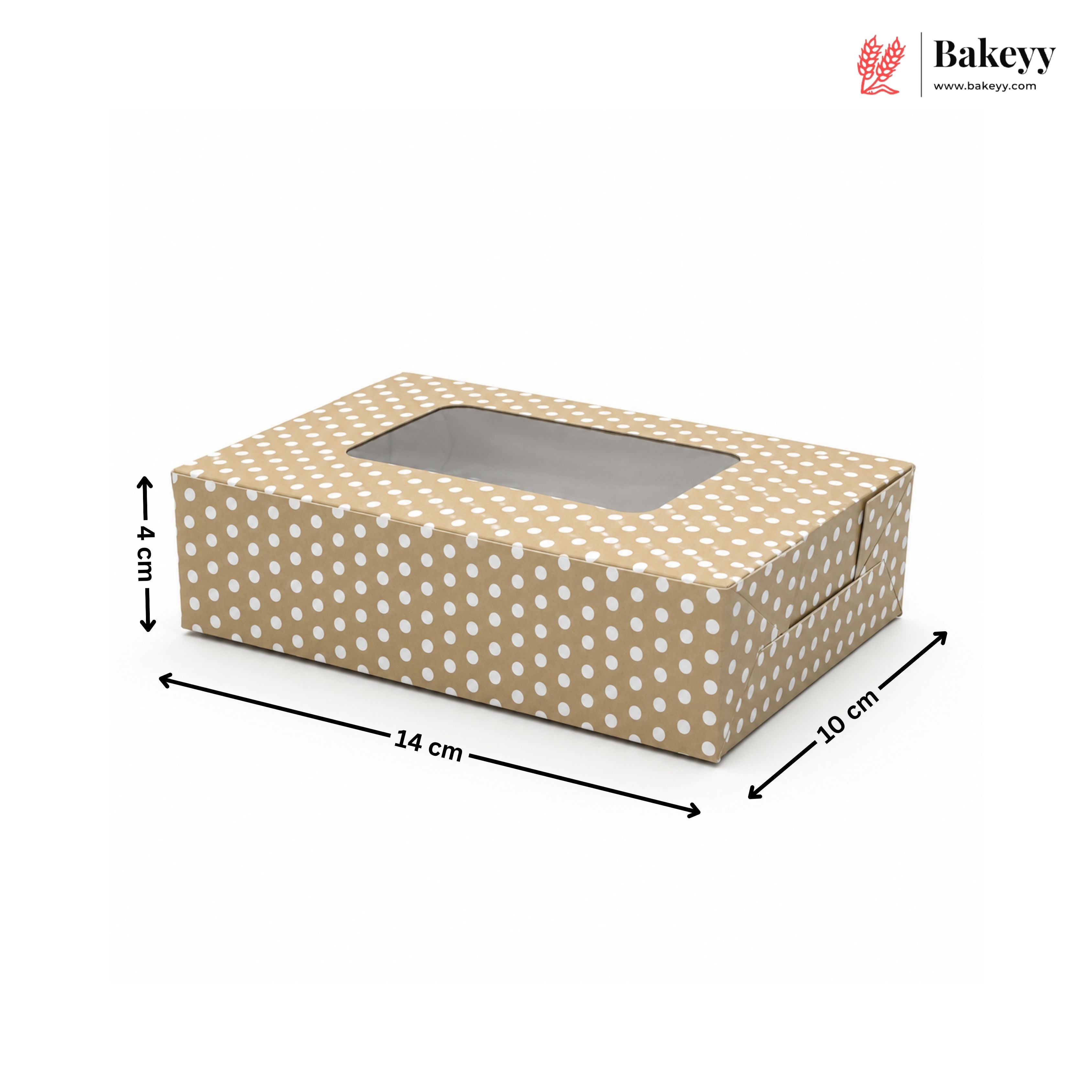 Beige polka dot box with window on a white background, featuring dimensions and the Bakeyy brand.