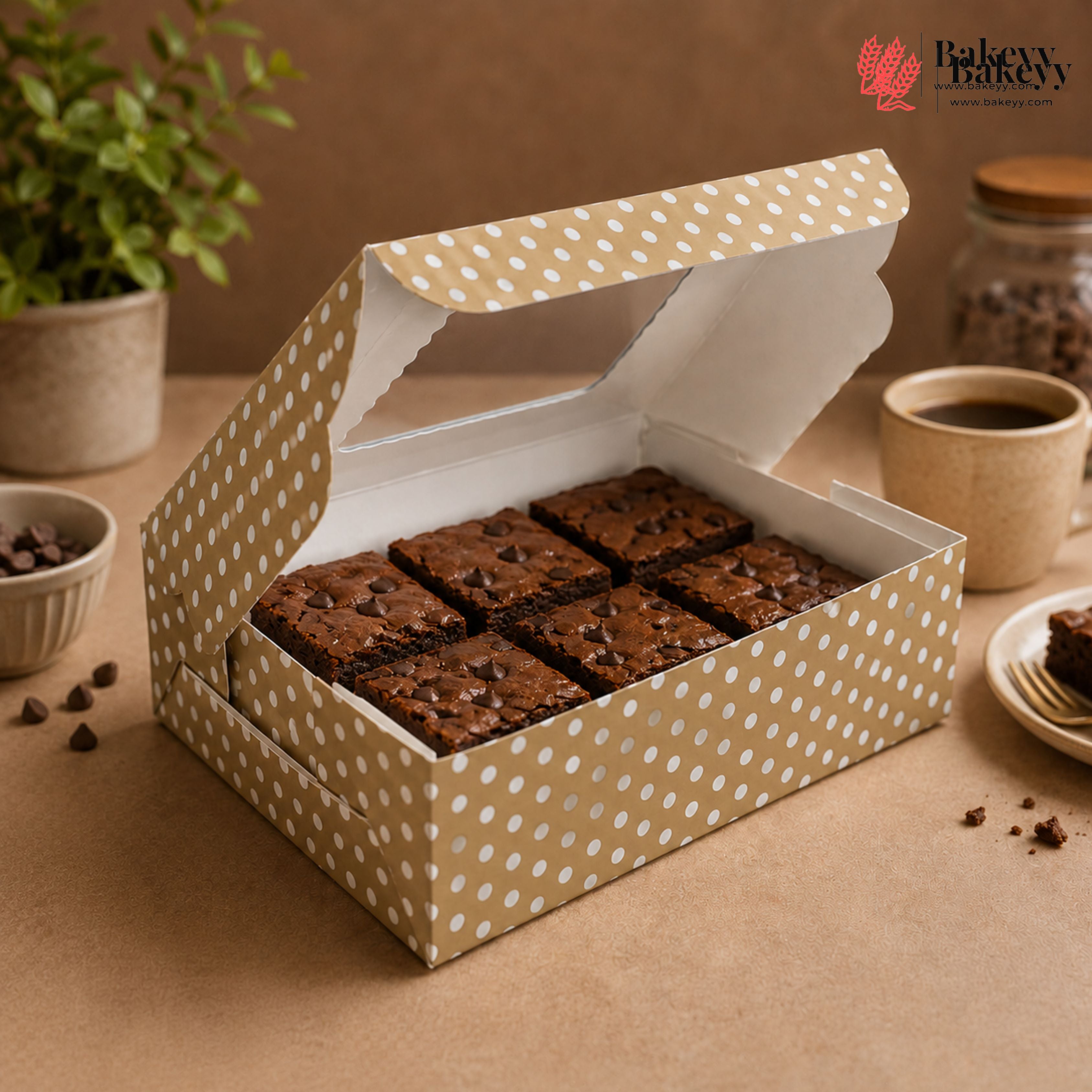 Box of brownies with a polka dot design on a table with a plant and coffee cup in the background.