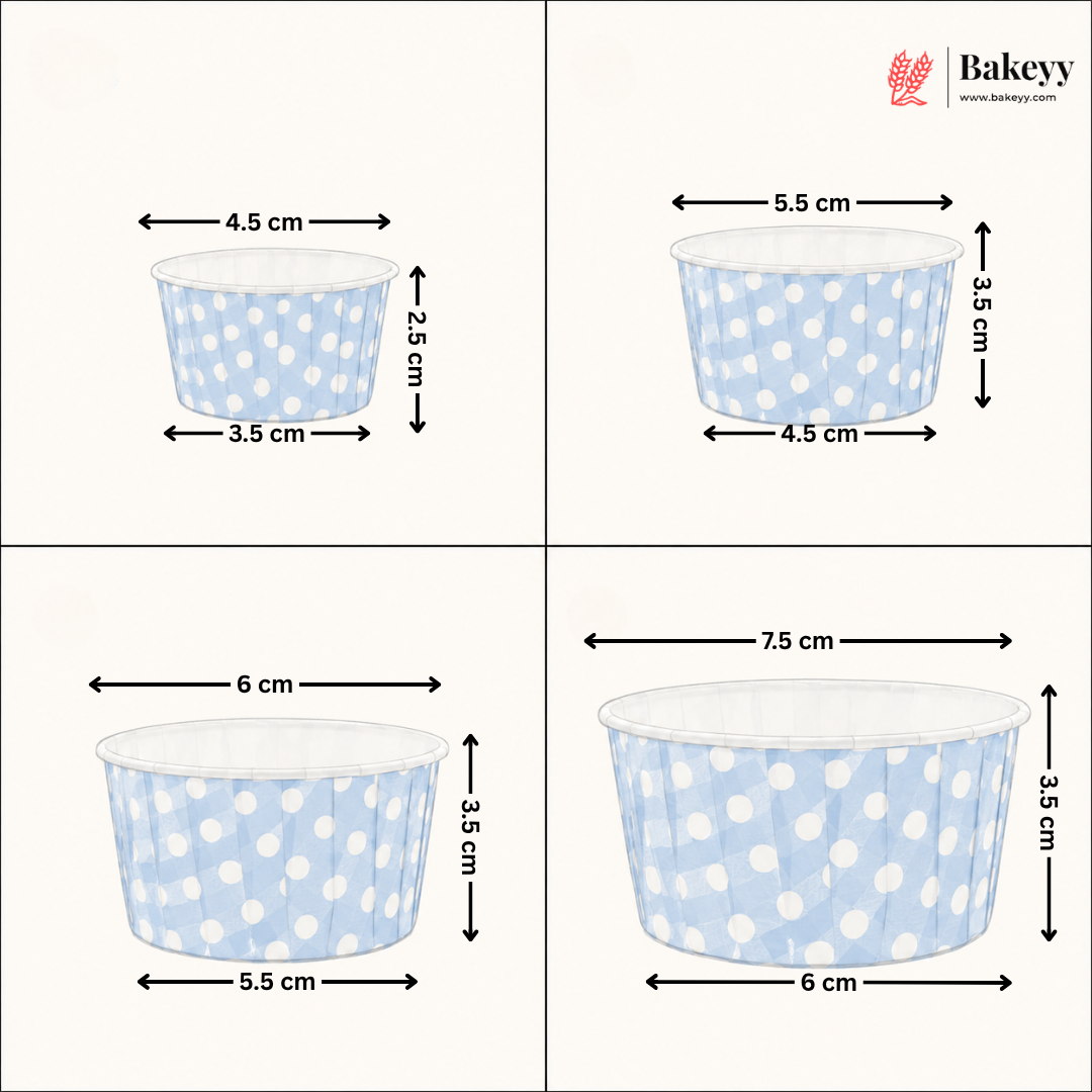 Measurement chart of blue polka dot paper cups with dimensions labeled, featuring the Bakeyy brand.