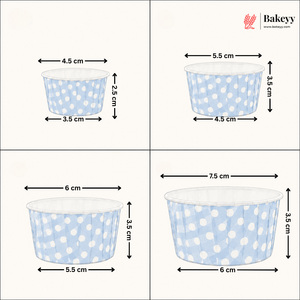Measurement chart of blue polka dot paper cups with dimensions labeled, featuring the Bakeyy brand.