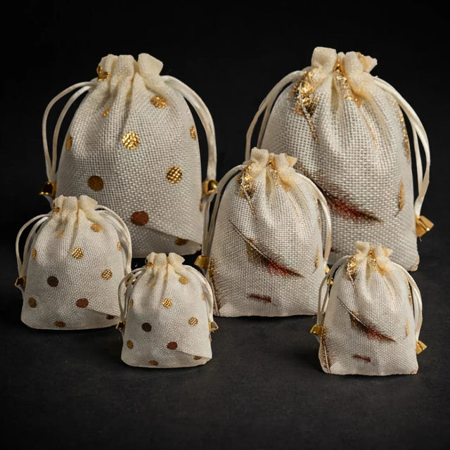 Premium Jute Potli Bags with Gold Print – Festive & Gifting Use | Eco-Friendly Gift Pouches | Pack of 10 - Bakeyy.com - India - Premium Jute Potli Bags with Gold Print – Festive & Gifting Use | Eco-Friendly Gift Pouches | Pack of 10 - Polka Print / 10x14 140.00