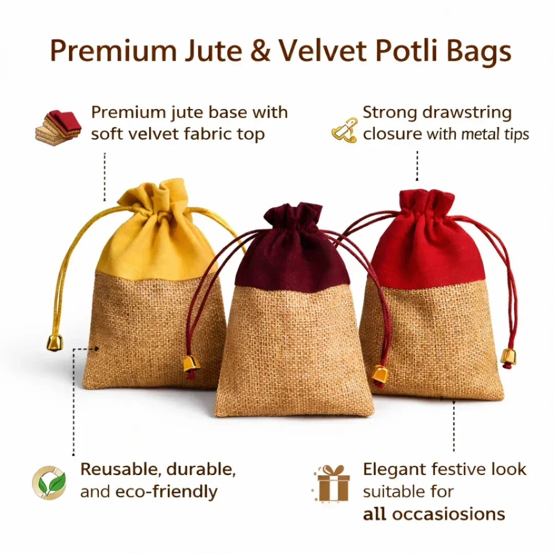 Premium Jute & Velvet Potli Bags with Drawstring | Eco-Friendly Gift Pouches | Multiple Sizes & Colors | Pack of 10 - Bakeyy.com - India - Premium Jute & Velvet Potli Bags with Drawstring | Eco-Friendly Gift Pouches | Multiple Sizes & Colors | Pack of 10 - Red / 10x14 cm 175.00