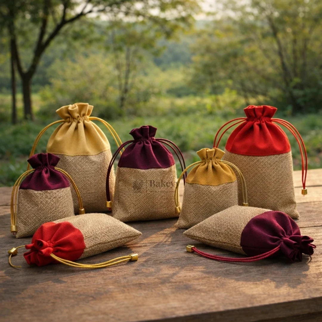 Premium Jute & Velvet Potli Bags with Drawstring | Eco-Friendly Gift Pouches | Multiple Sizes & Colors | Pack of 10 - Bakeyy.com - India - Premium Jute & Velvet Potli Bags with Drawstring | Eco-Friendly Gift Pouches | Multiple Sizes & Colors | Pack of 10 - Red / 10x14 cm 175.00