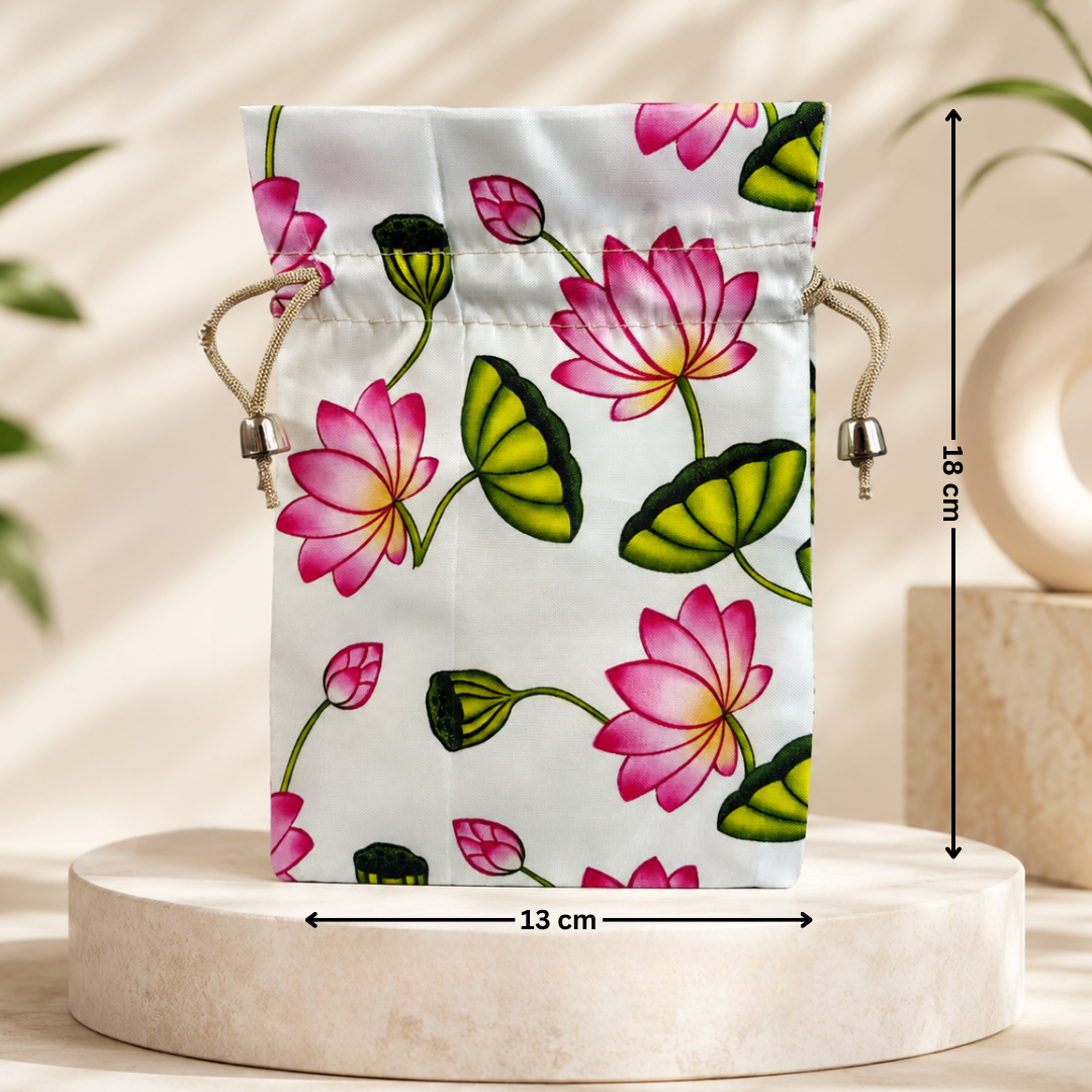 Floral drawstring bag with measurements on a neutral background