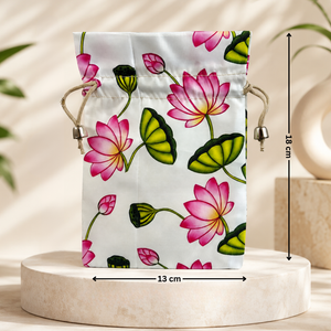 Floral drawstring bag with measurements on a neutral background