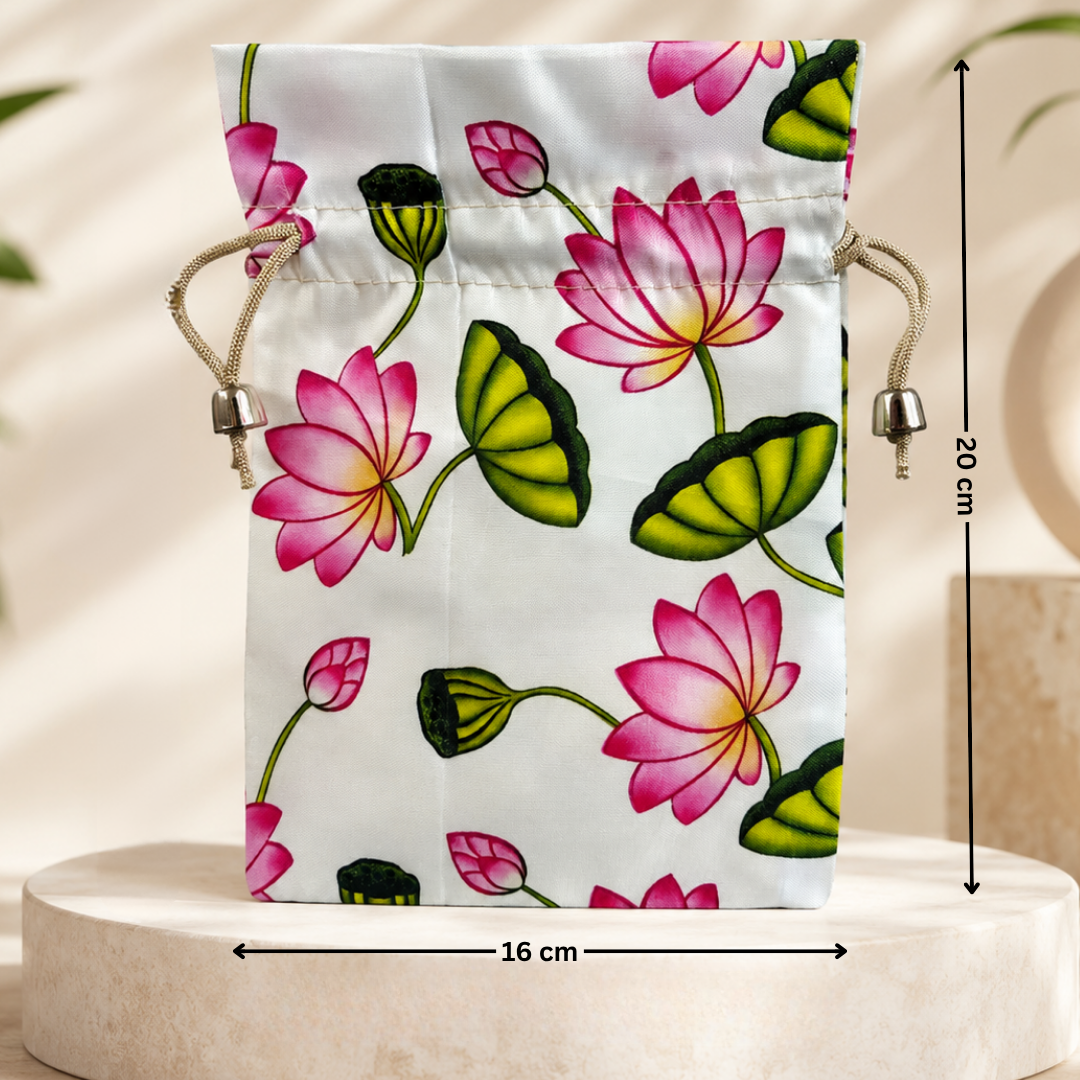 Drawstring bag with pink lotus flower pattern on a white background