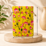 Floral pouch with measurements on a wooden platform