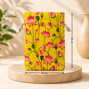 Floral pouch with measurements on a wooden platform