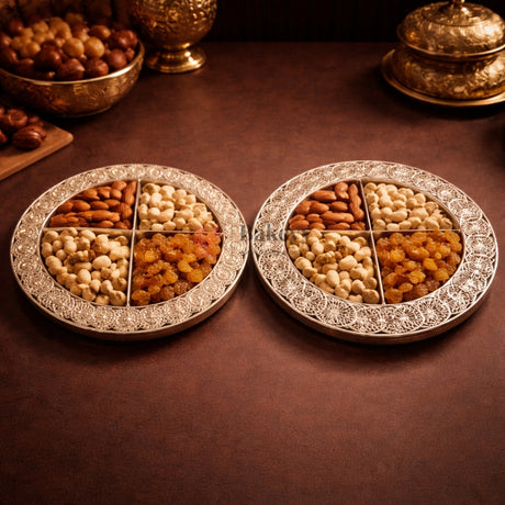 Premium Decorative Dry Fruit Serving Tray | 4-Partition Silver Finish | Pack of 1 - Bakeyy.com - India - Premium Decorative Dry Fruit Serving Tray | 4-Partition Silver Finish | Pack of 1 - Design 1 435.00