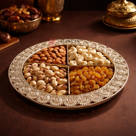 Premium Decorative Dry Fruit Serving Tray | 4-Partition Silver Finish | Pack of 1 - Bakeyy.com - India - Premium Decorative Dry Fruit Serving Tray | 4-Partition Silver Finish | Pack of 1 - Design 1 435.00