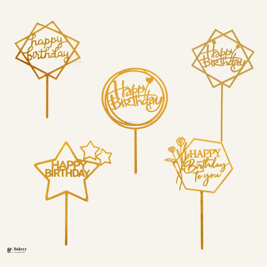 Premium Acrylic Happy Birthday Cake Toppers | Geometric & Floral Script Designs | Pack of 5