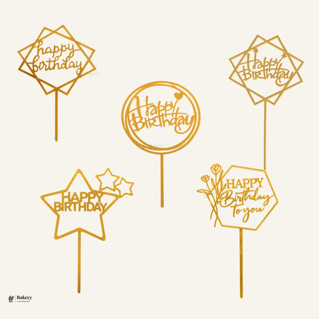 Premium Acrylic Happy Birthday Cake Toppers | Geometric & Floral Script Designs | Pack of 5