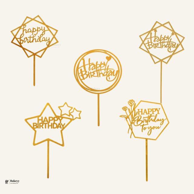 Premium Acrylic Happy Birthday Cake Toppers | Geometric & Floral Script Designs | Pack of 5