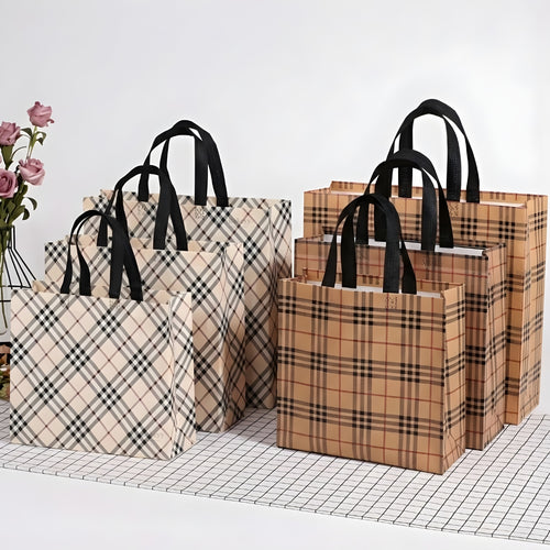Premium Checkered Laminated Carry Bags | Classic & Tan Plaid 2 Design Design Option | 3 Size Options | Pack of 50