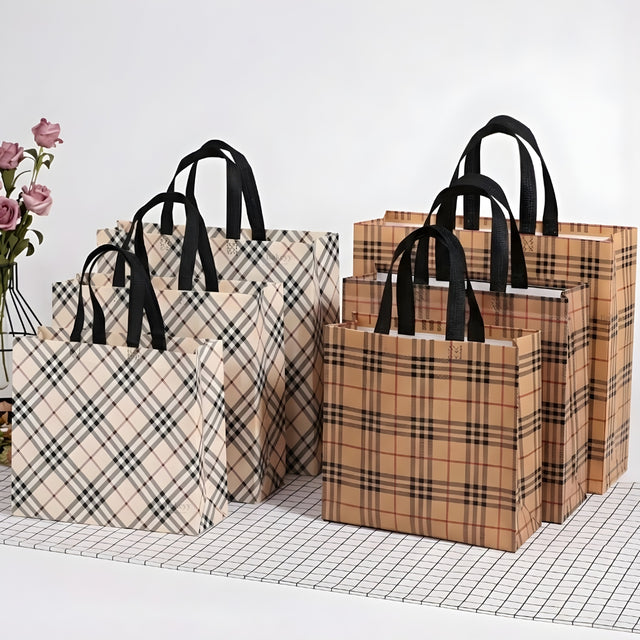 Premium Checkered Laminated Carry Bags | Classic & Tan Plaid 2 Design Design Option | 3 Size Options | Pack of 50