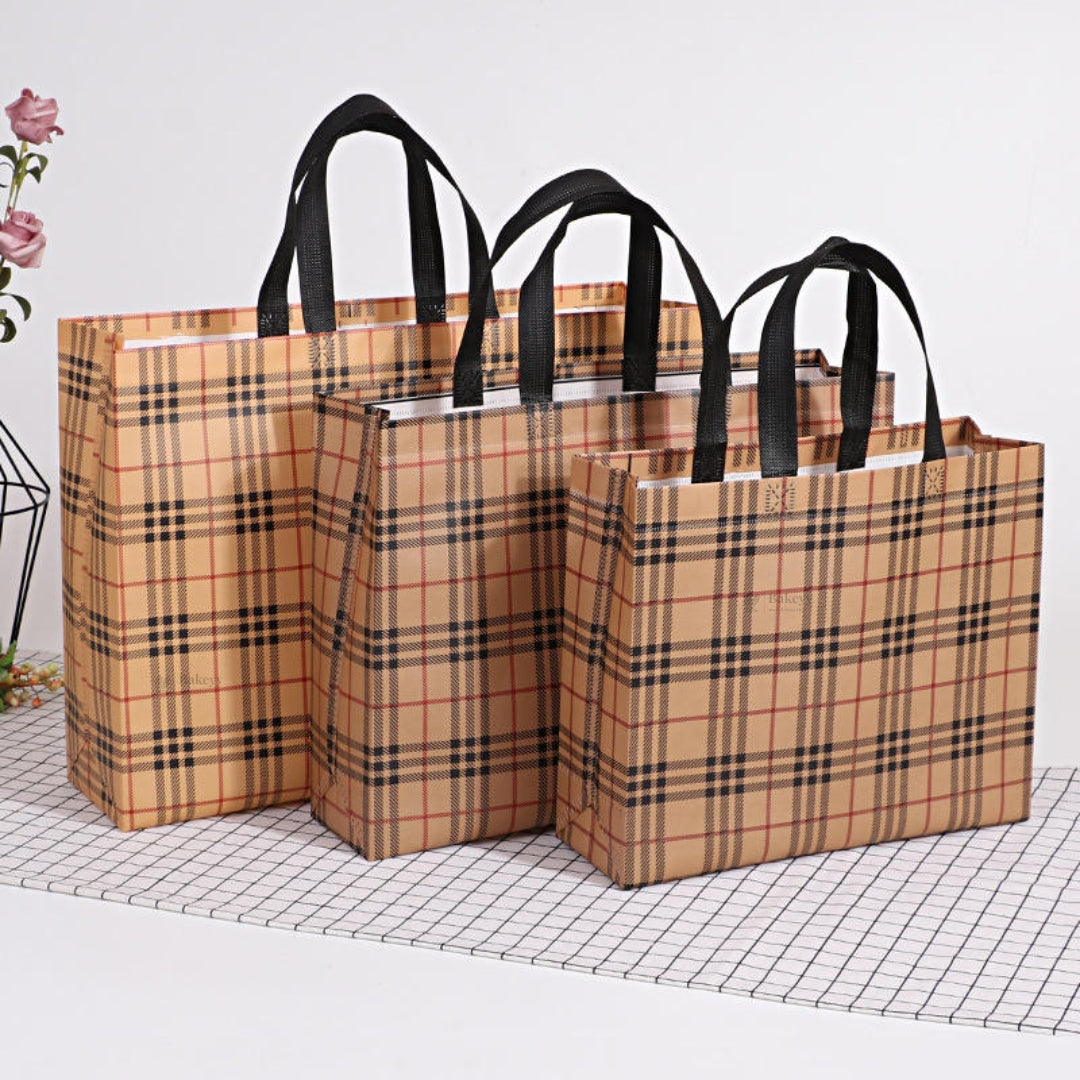 Premium Checkered Laminated Carry Bags | Classic & Tan Plaid 2 Design Design Option | 3 Size Options | Pack of 50