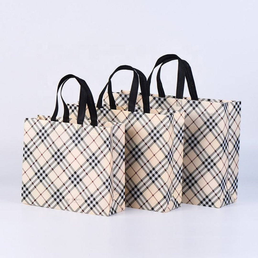 Premium Checkered Laminated Carry Bags | Classic & Tan Plaid 2 Design Design Option | 3 Size Options | Pack of 50