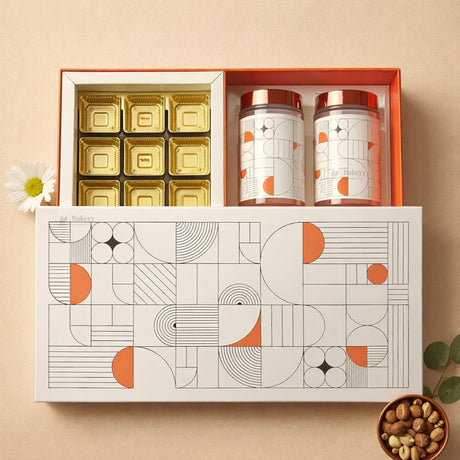 Premium Chocolate & Dry Fruit Hamper Gift Box with Glass Jars | Modern Geometric Design with Gold Embossed Lid | Pack of 1