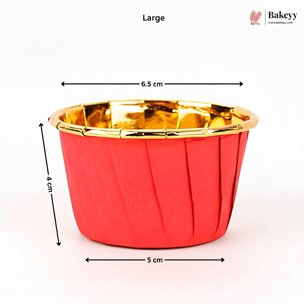 Red cupcake liner with gold rim and measurements on a white background, featuring the Bakey brand.
