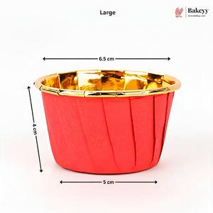 Red cupcake liner with gold rim and measurements on a white background, featuring the Bakey brand.